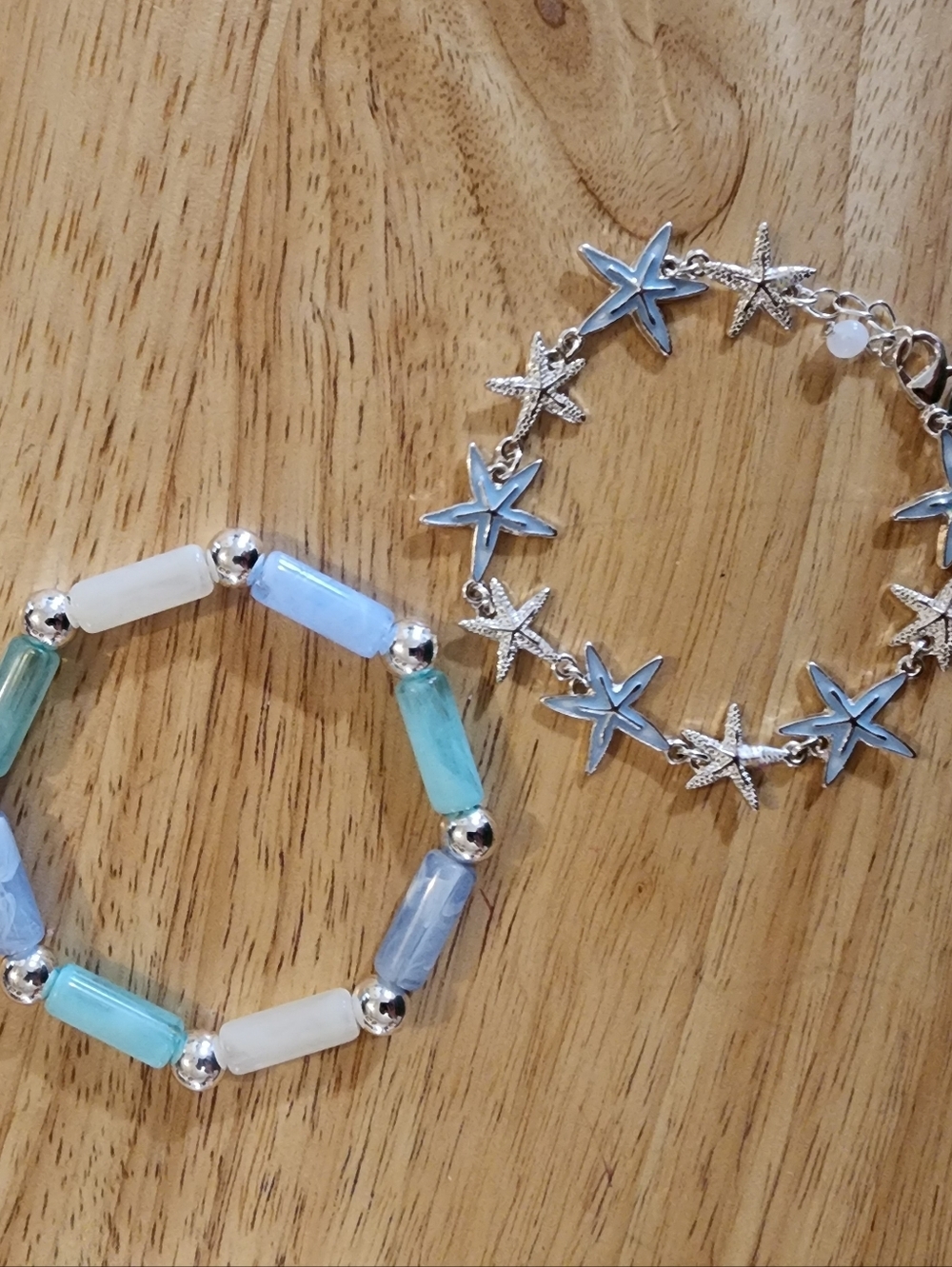 Silver Starfish Bracelet and Pastel Bead Stretch Bracelet - Blue, Aqua, White